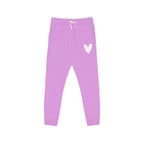 Light purple sweatpants with a small white heart on the left thigh and a white drawstring at the waist, shown flat on a white background.