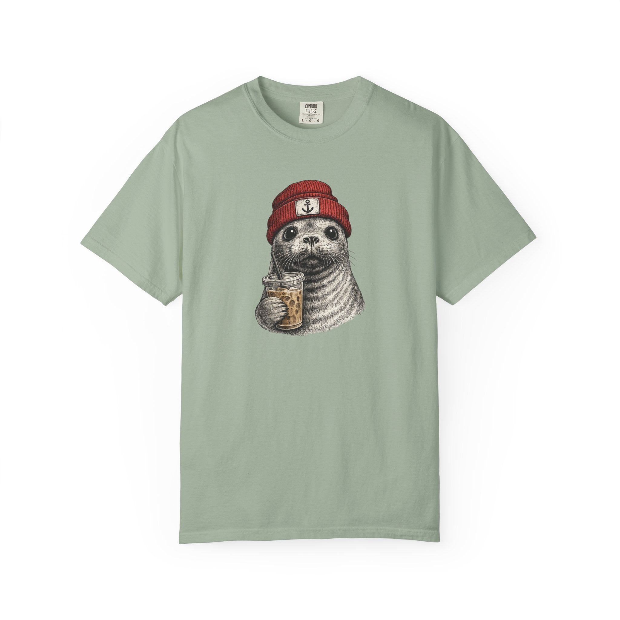Seal in Beanie with Ice Coffee TShirt — Cute Seal Graphic T-Shirt