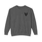 A dark gray crewneck sweatshirt with a small black heart graphic on the left chest, displayed against a plain white background.