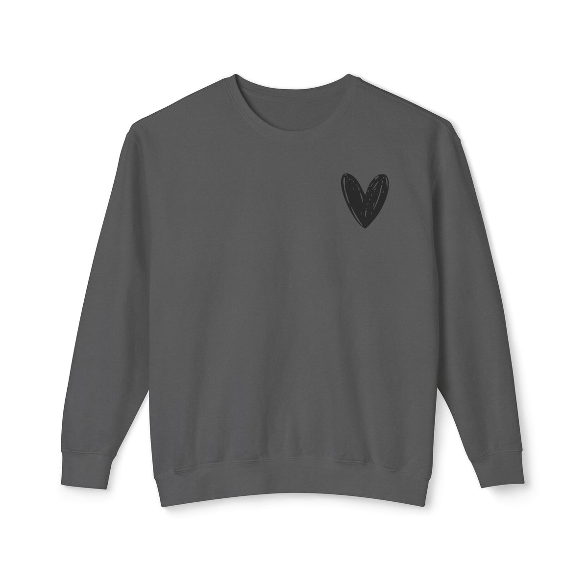 A dark gray crewneck sweatshirt with a small black heart graphic on the left chest, displayed against a plain white background.