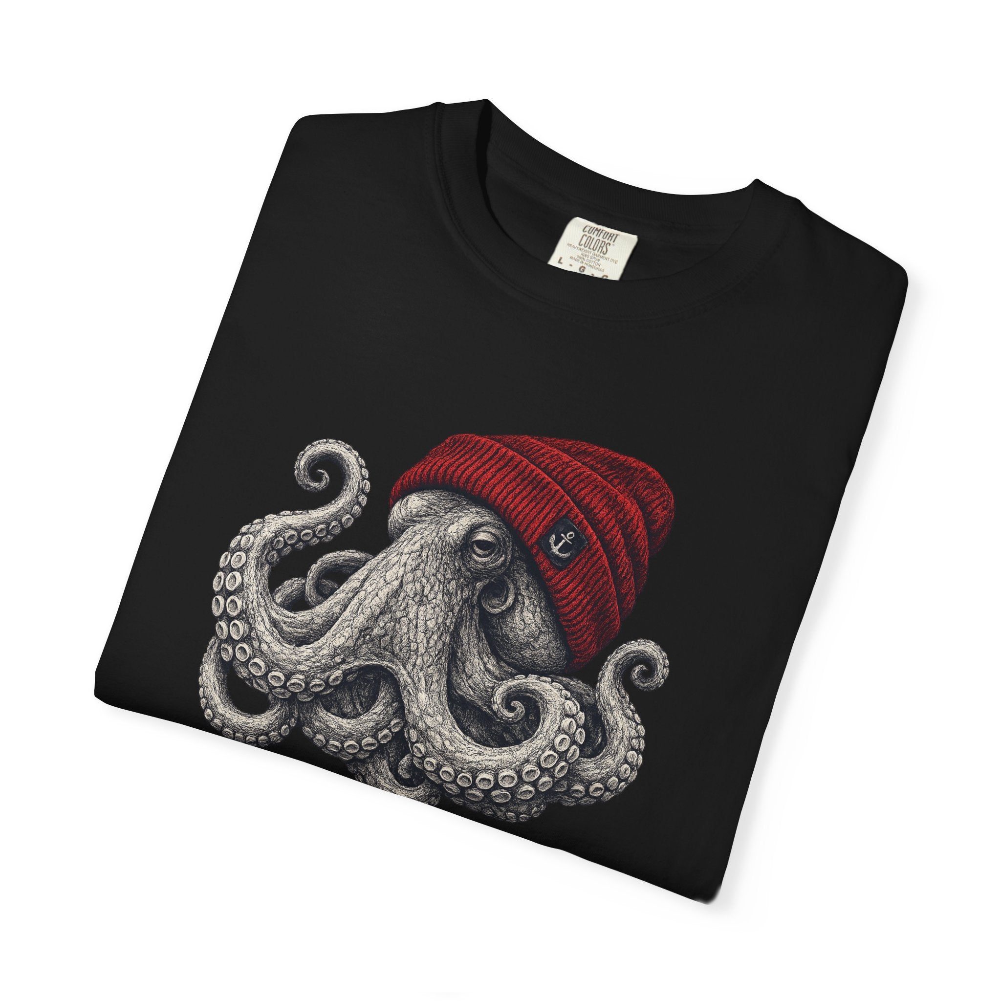 Octopus with Red Beanie T-shirt- Ocean Graphic Tshirt