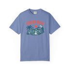 Blue t-shirt with Costa Rica graphic design on a white background
