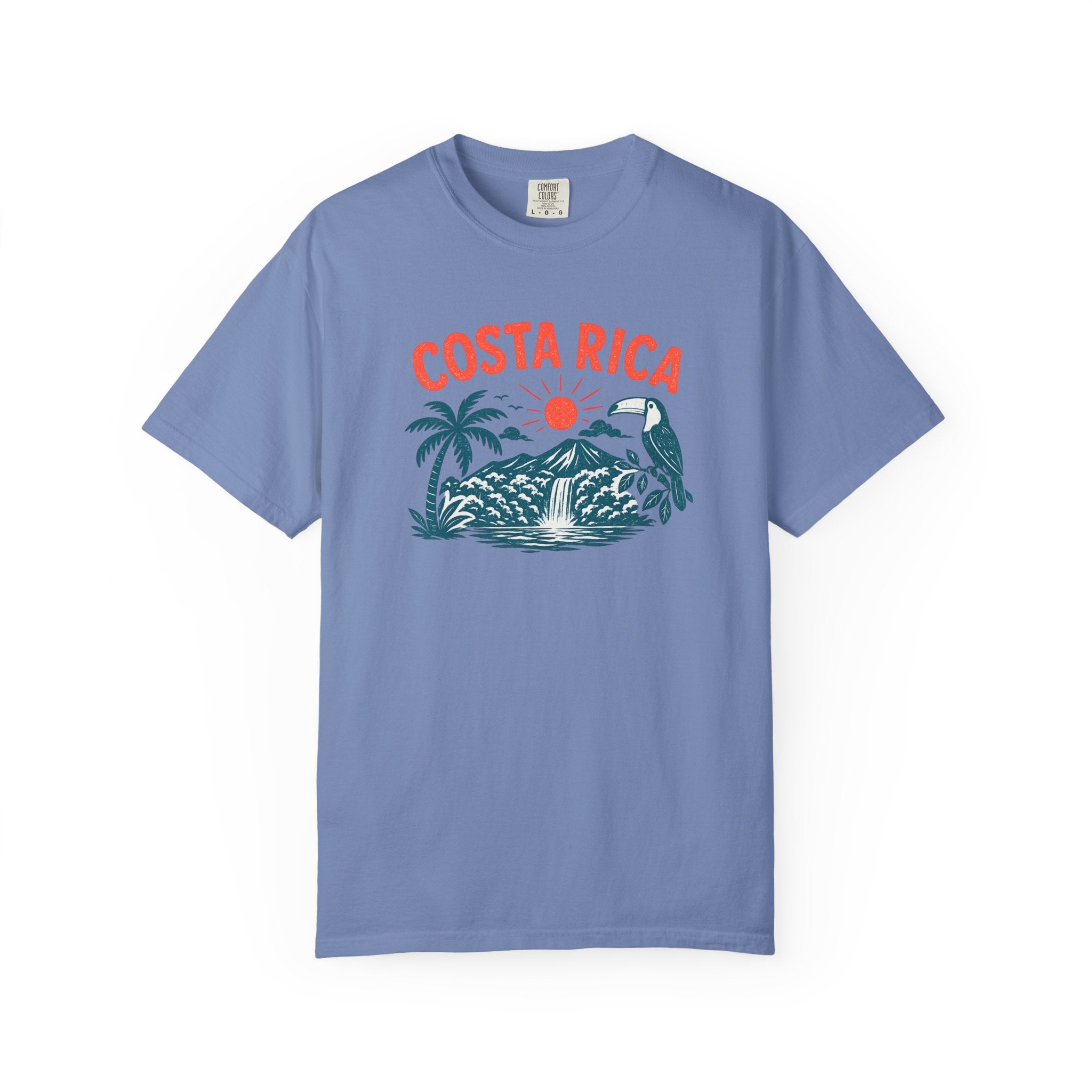Blue t-shirt with Costa Rica graphic design on a white background