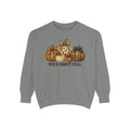 A gray crewneck sweatshirt featuring a graphic of patterned pumpkins and the text 'WILD ABOUT FALL' printed on the chest, displayed against a solid white background.