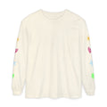 An off-white long-sleeve crewneck shirt with colorful embroidered sea-themed motifs including suns, hearts, fish, and a green octopus on both sleeves, shown against a plain white background.