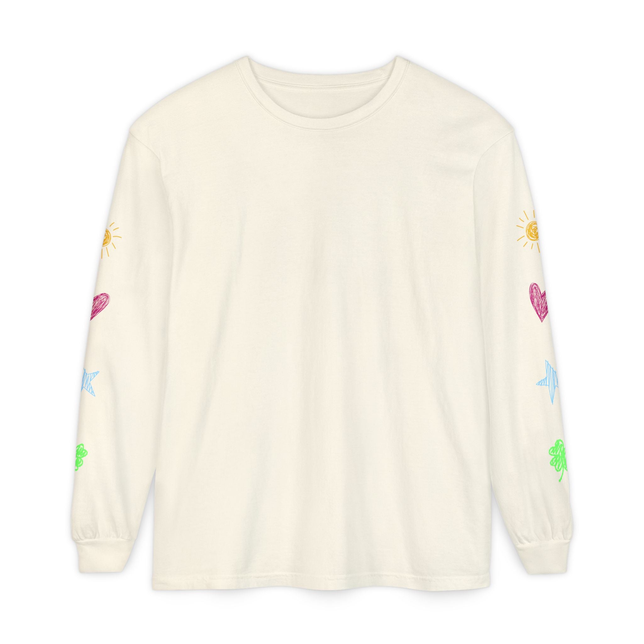An off-white long-sleeve crewneck shirt with colorful embroidered sea-themed motifs including suns, hearts, fish, and a green octopus on both sleeves, shown against a plain white background.
