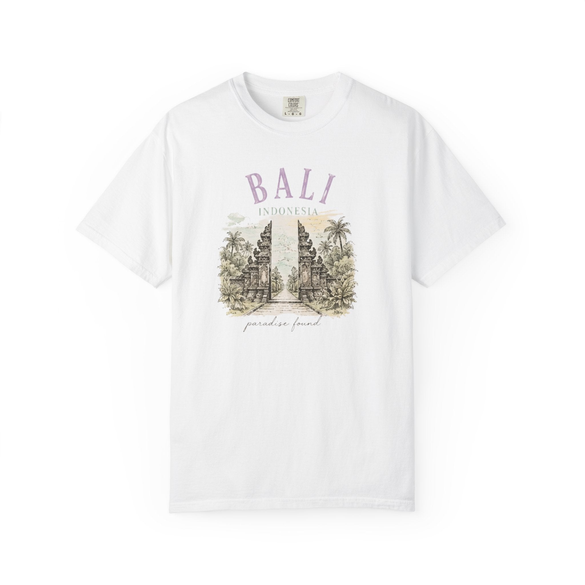 White t-shirt with Bali graphic design on a white background