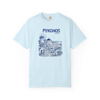 Light blue t-shirt with Mykonos graphic design on a white background