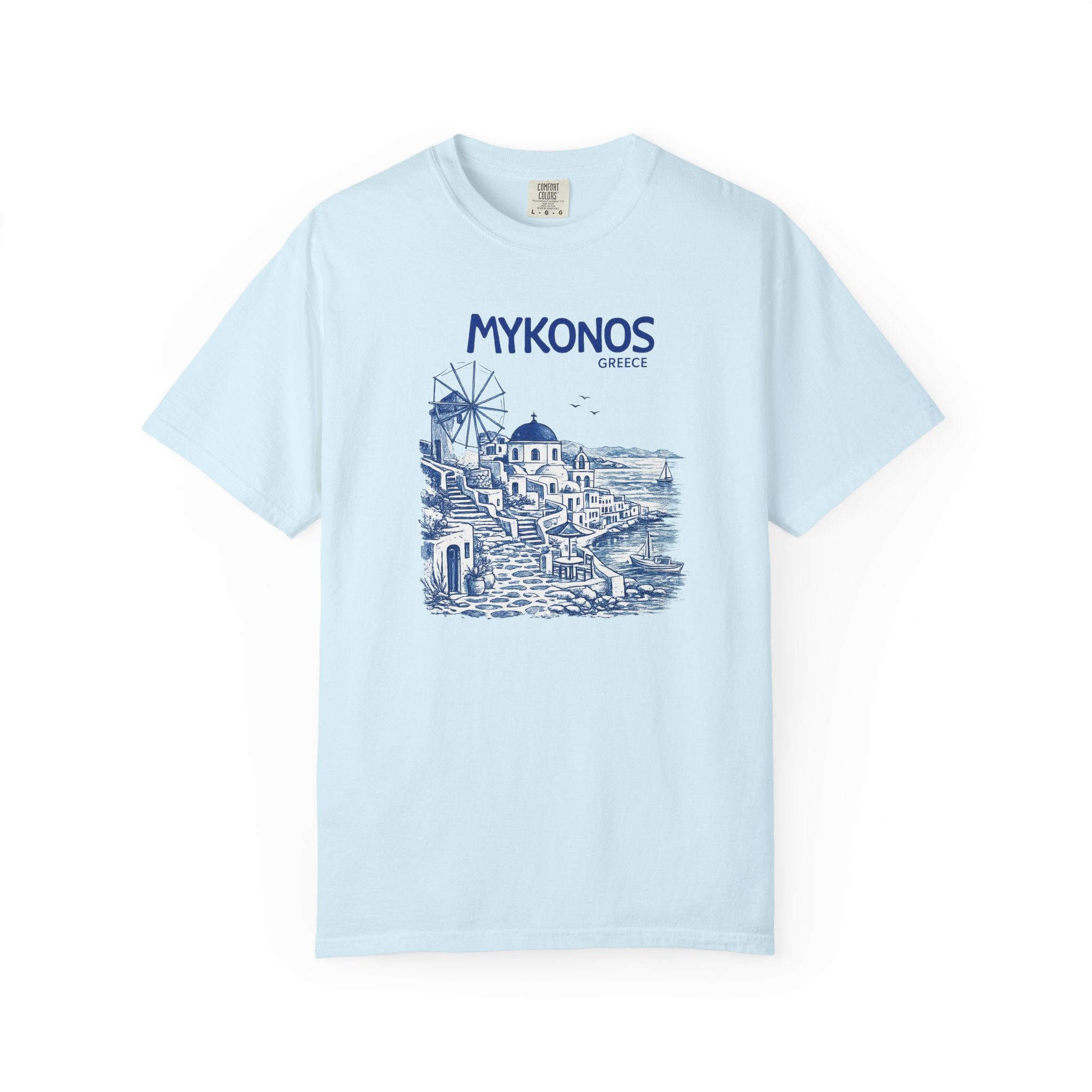 Light blue t-shirt with Mykonos graphic design on a white background