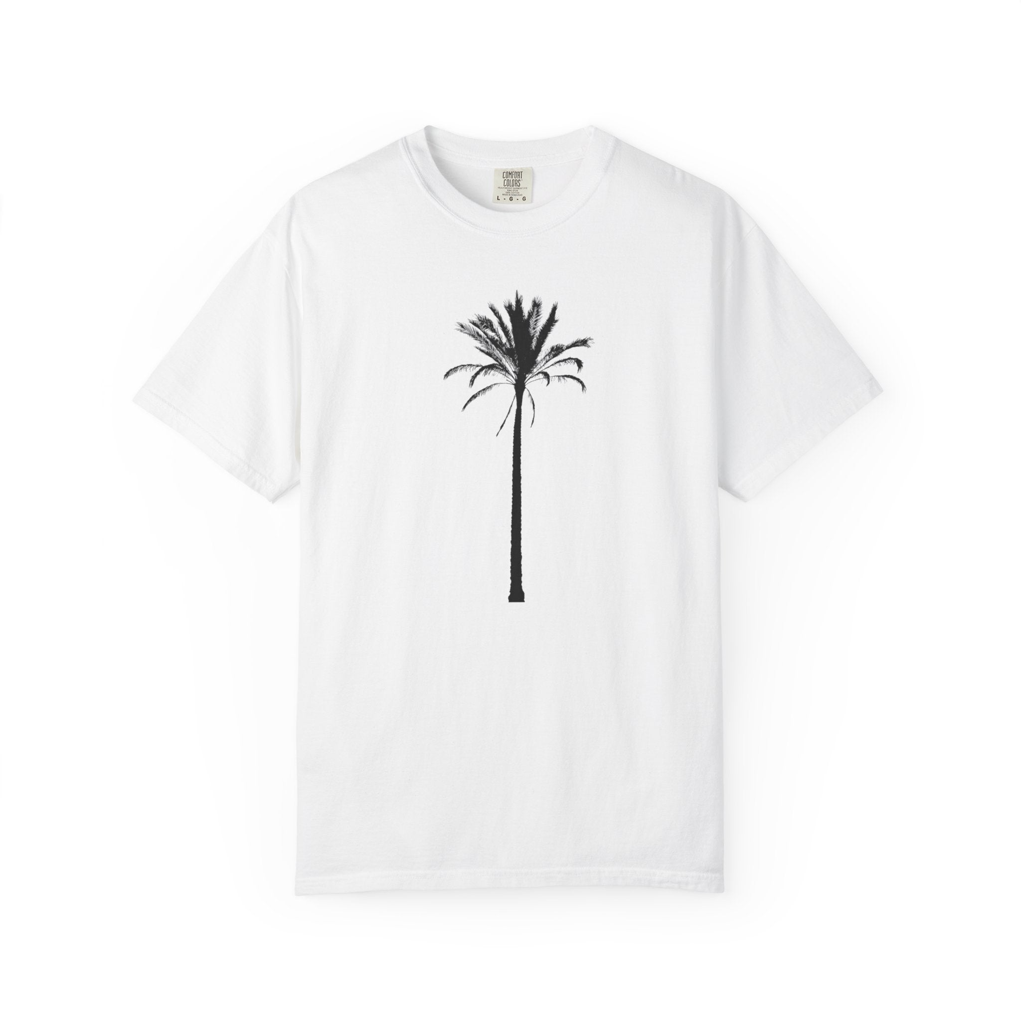A white short-sleeve crewneck t-shirt featuring a black palm tree graphic printed on the center chest, displayed against a clean white background.