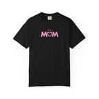 Black t-shirt with a logo on the chest against a white background