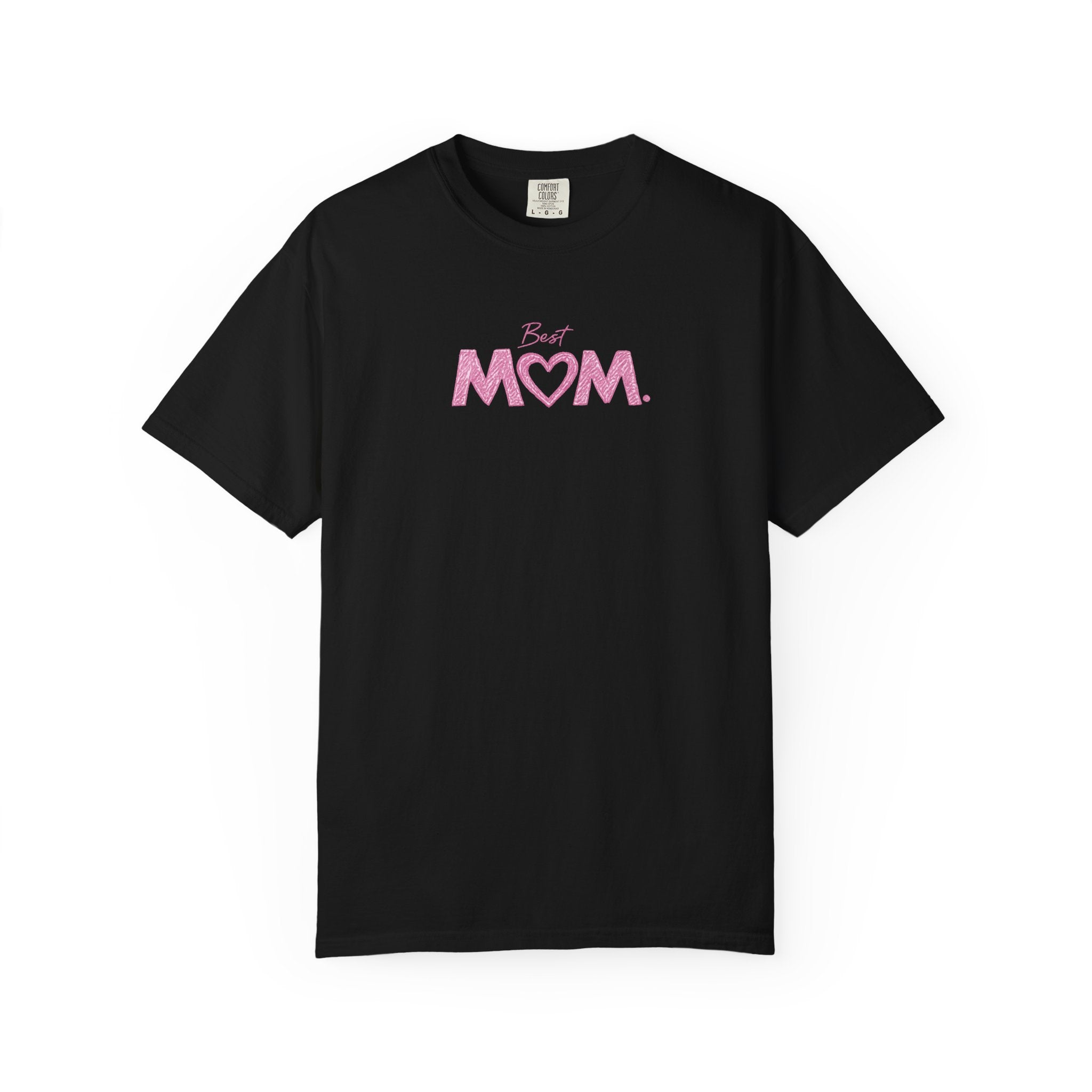 Black t-shirt with a logo on the chest against a white background
