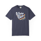 Navy blue t-shirt with 'Lake Life' graphic design on a white background
