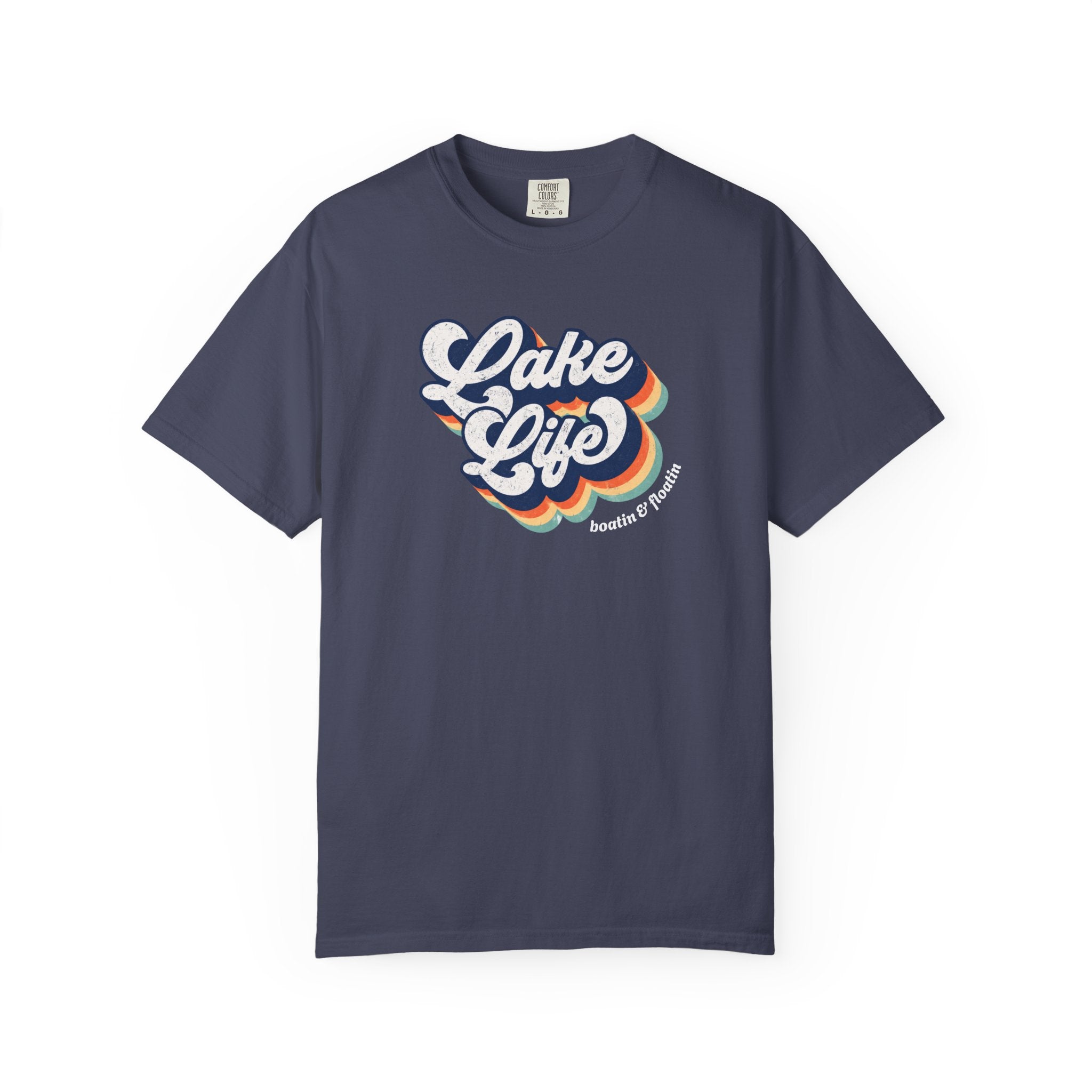 Navy blue t-shirt with 'Lake Life' graphic design on a white background