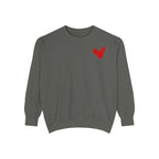 A dark gray crewneck sweatshirt with a small red heart graphic on the left chest, displayed against a solid white background.