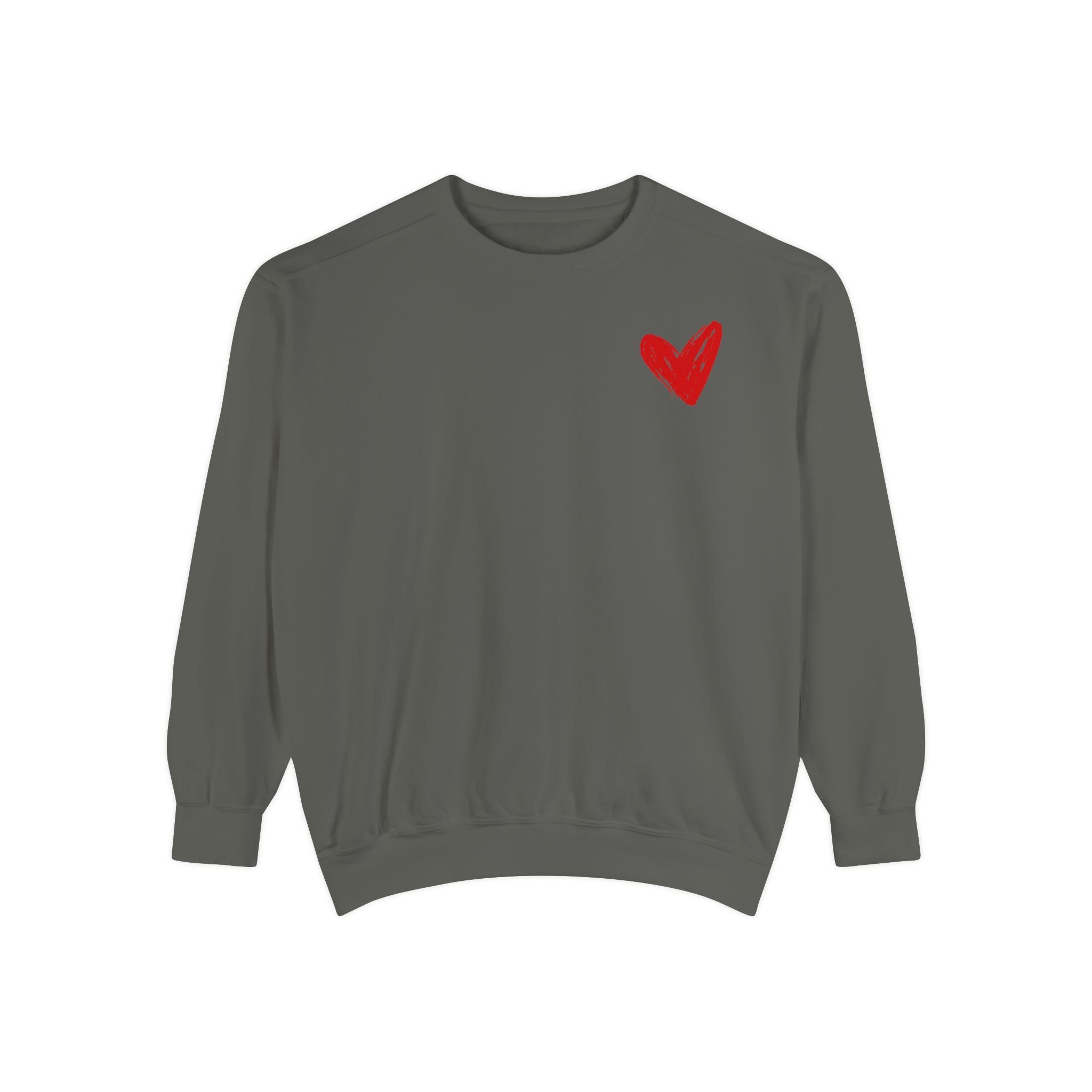 A dark gray crewneck sweatshirt with a small red heart graphic on the left chest, displayed against a solid white background.
