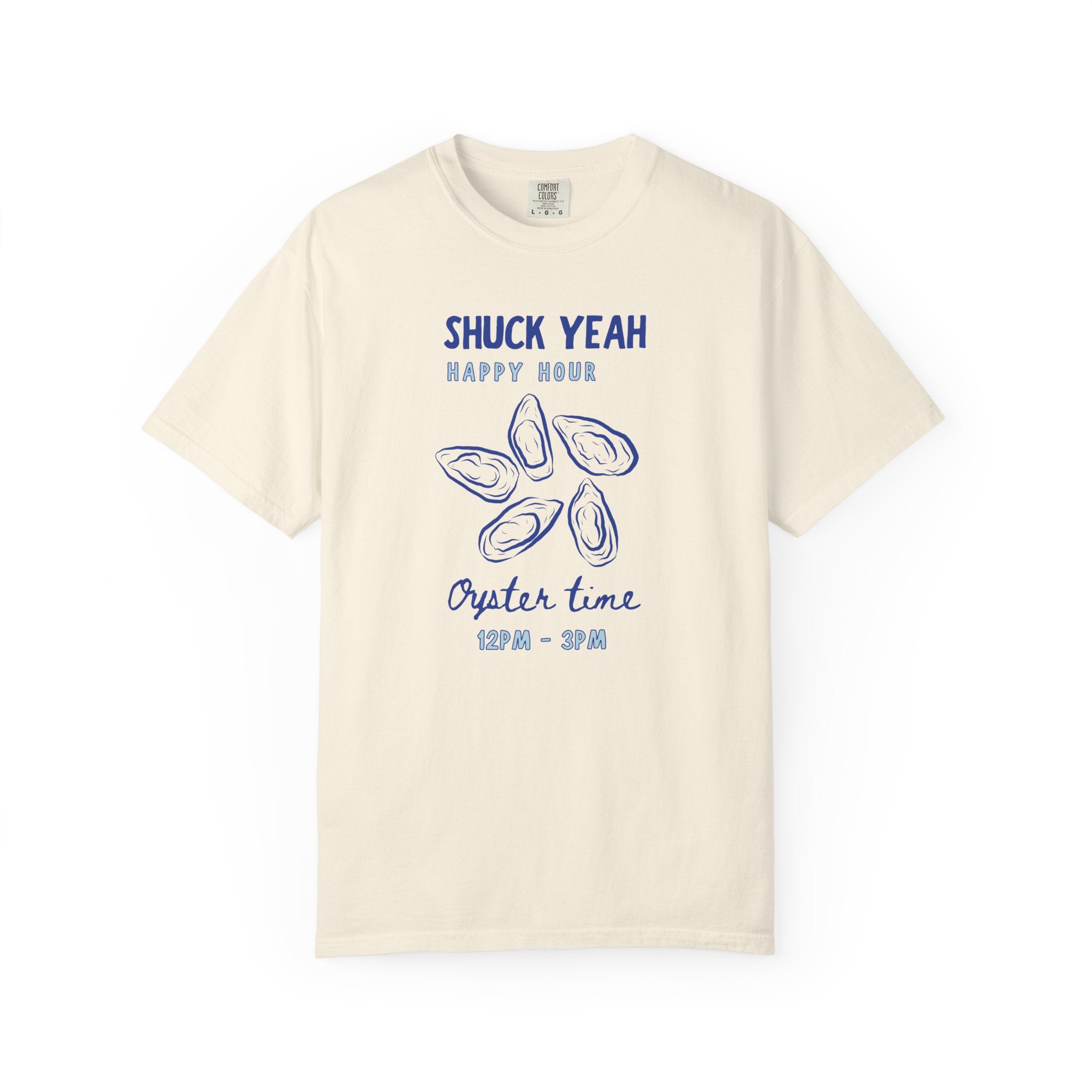 Beige t-shirt with blue graphic and text on a white background