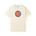 Beige t-shirt with a colorful mandala design on a white background