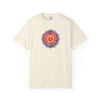 Beige t-shirt with a colorful mandala design on a white background