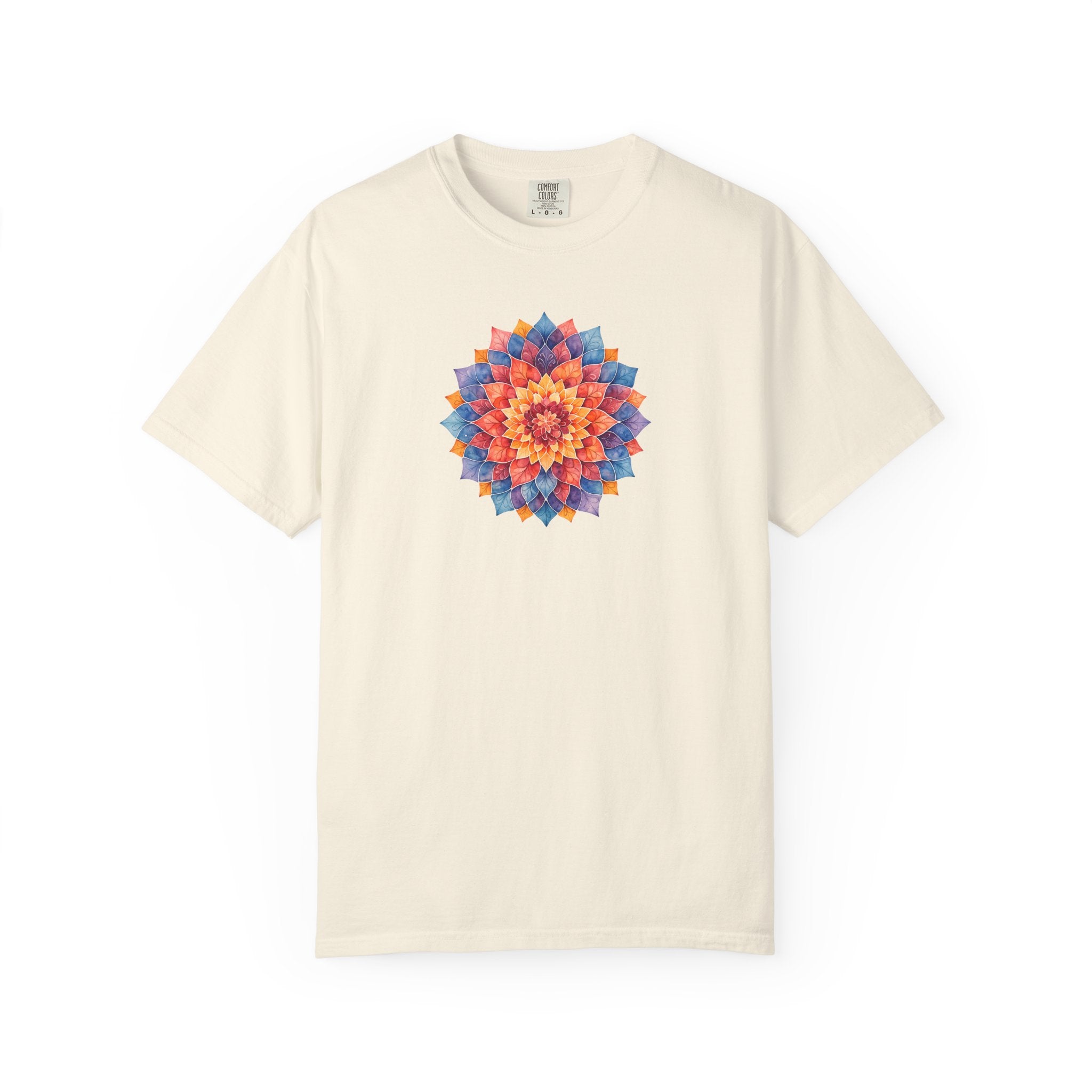 Beige t-shirt with a colorful mandala design on a white background