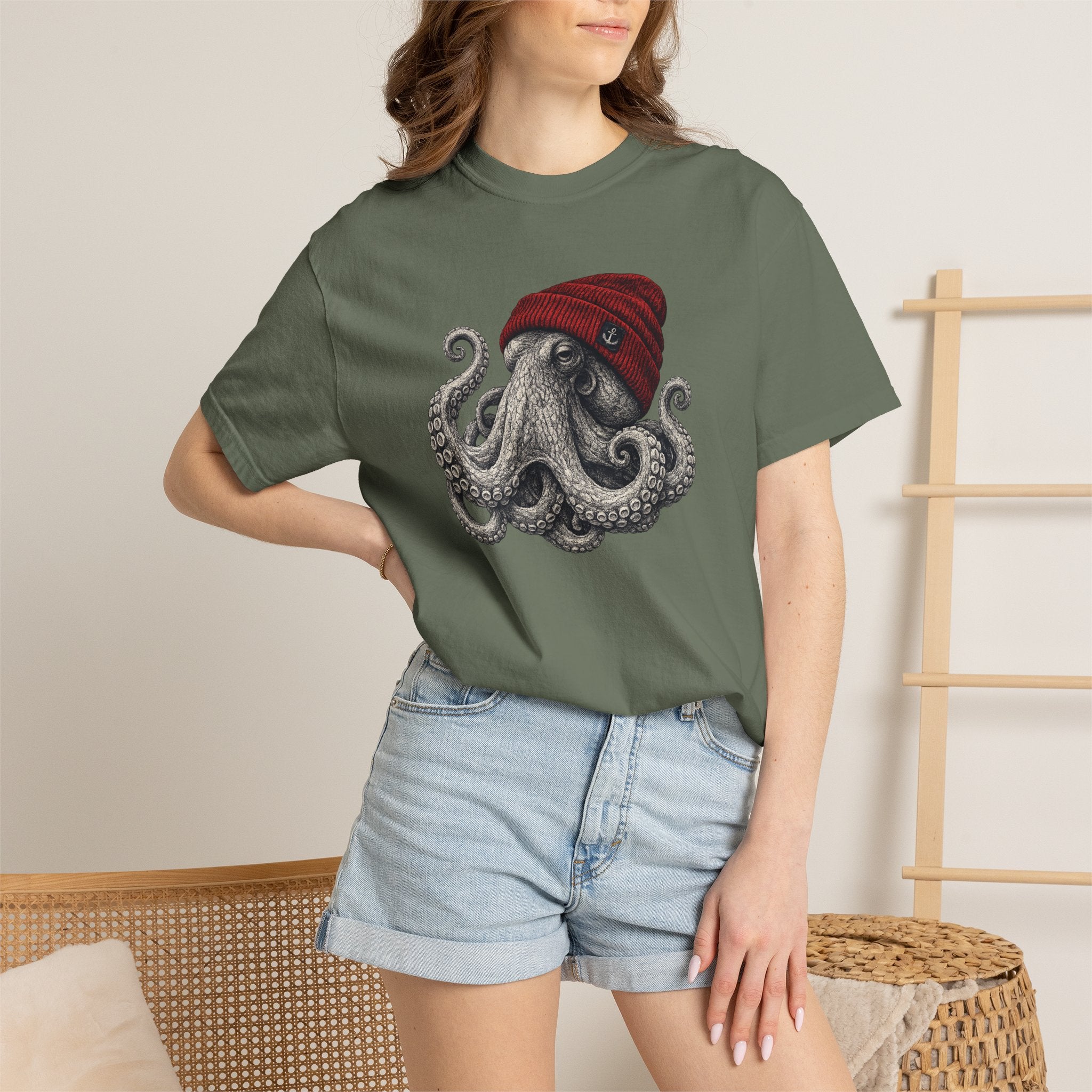Octopus with Red Beanie T-shirt- Ocean Graphic Tshirt