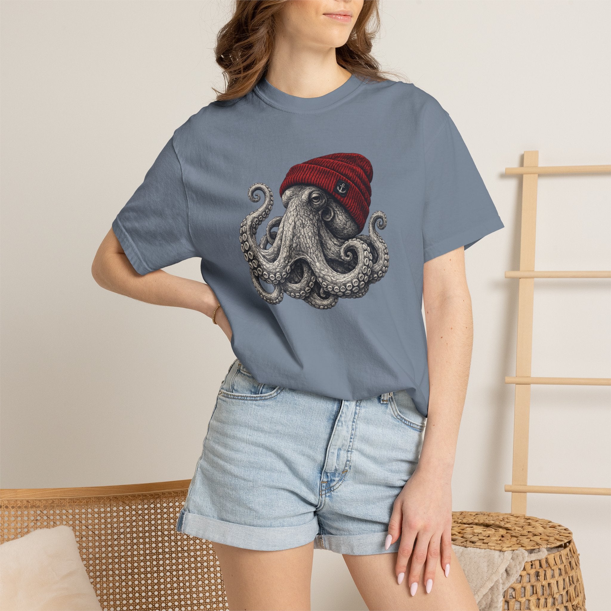 Octopus with Red Beanie T-shirt- Ocean Graphic Tshirt