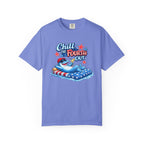 Purple t-shirt with a shark graphic and 'Chill the Fourth Out' text on a white background