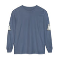 A slate blue long-sleeve crewneck t-shirt with white ghost graphics printed on both upper sleeves, displayed flat against a solid white background.