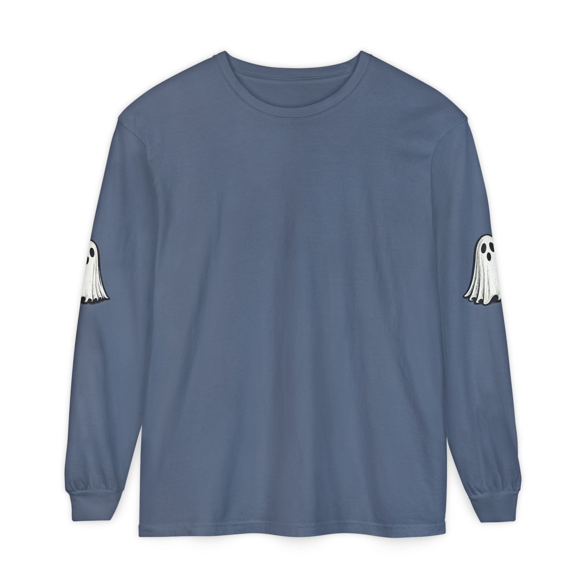 A slate blue long-sleeve crewneck t-shirt with white ghost graphics printed on both upper sleeves, displayed flat against a solid white background.