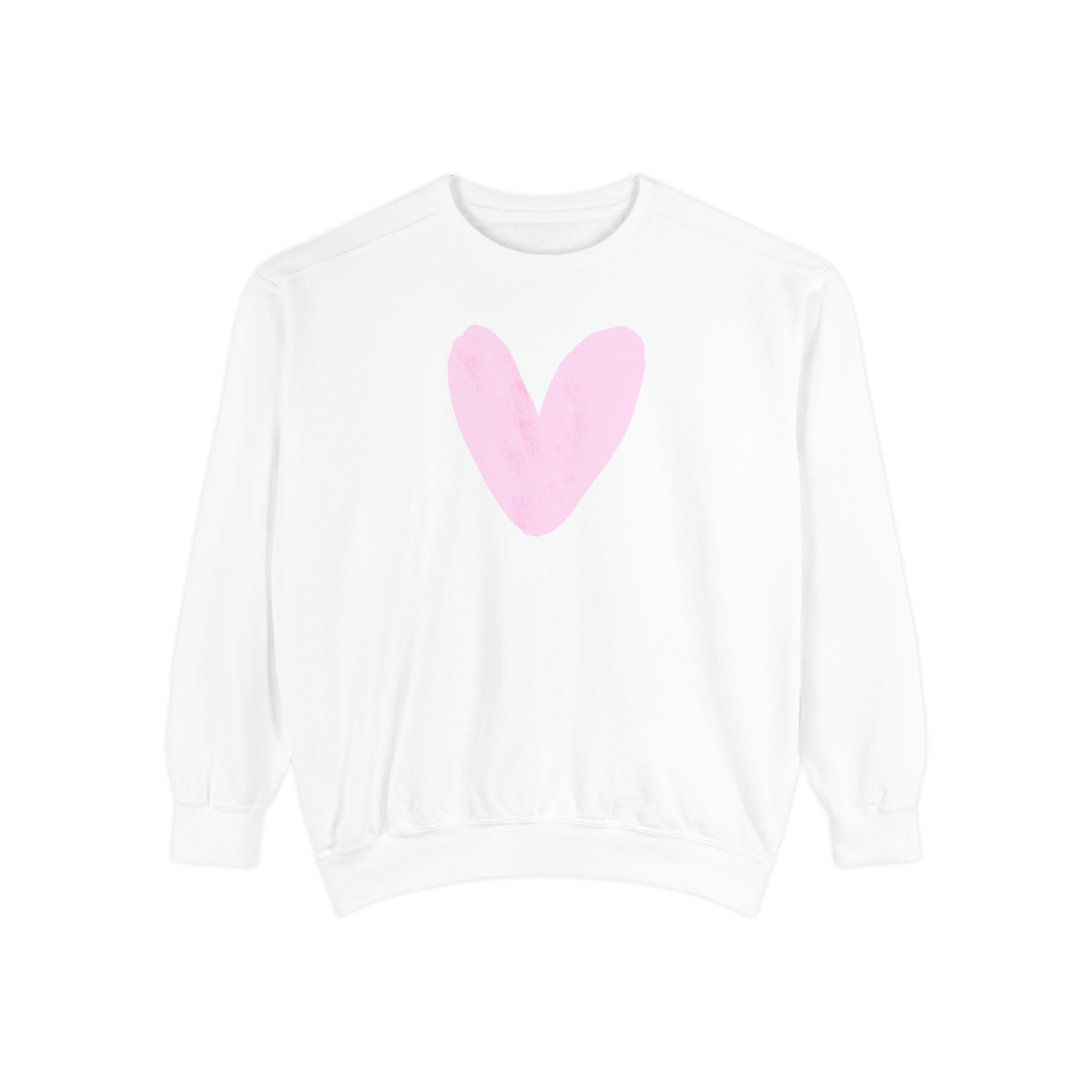 A white crewneck sweatshirt with a large, soft pink heart graphic printed on the center chest, displayed against a solid white background.