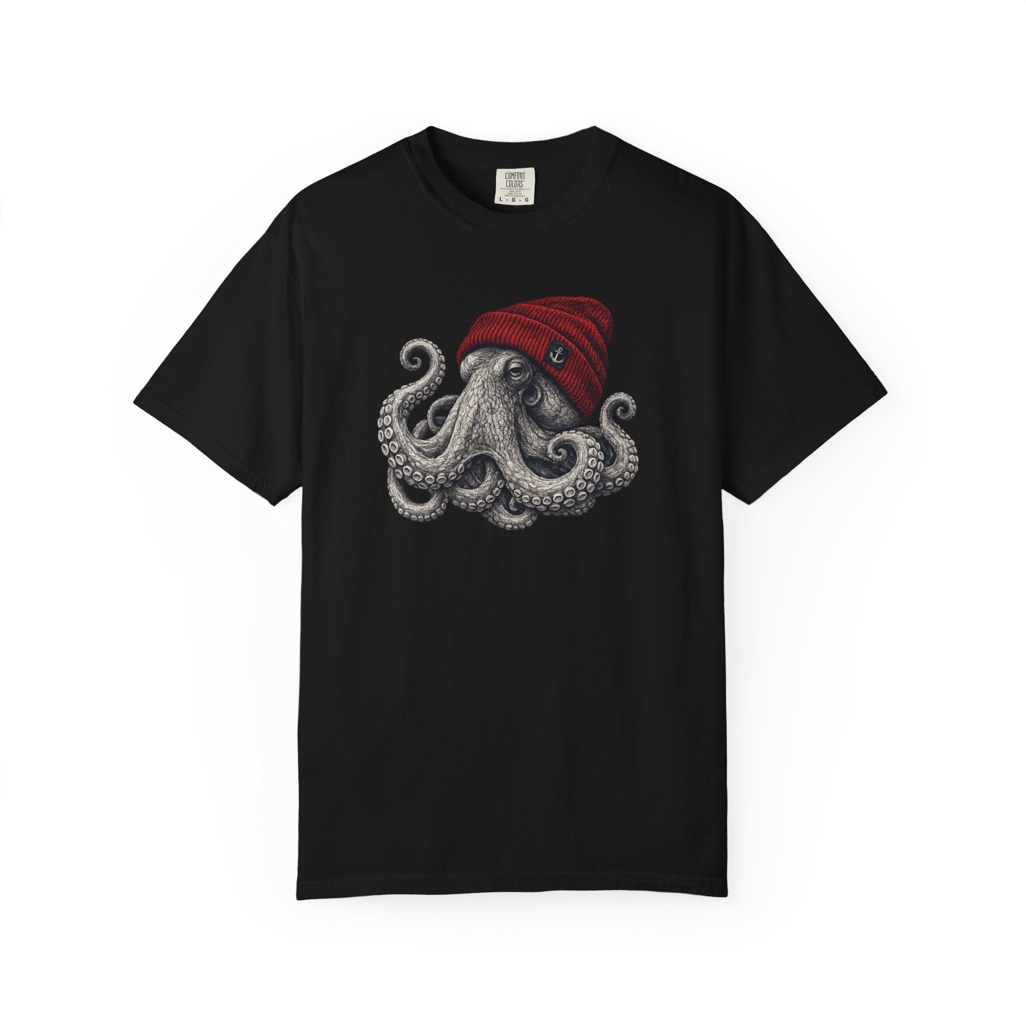 Octopus with Red Beanie T-shirt- Ocean Graphic Tshirt