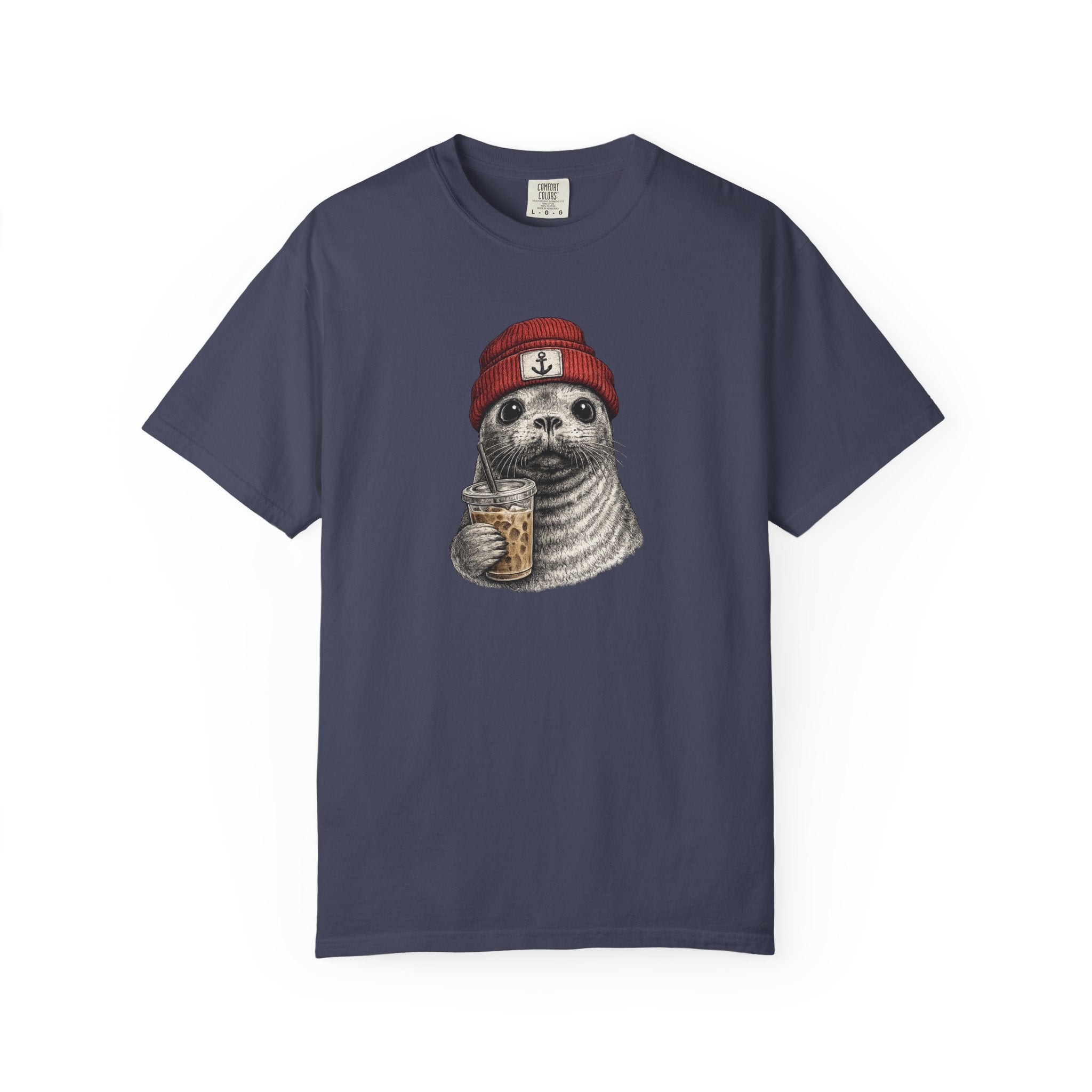 Seal in Beanie with Ice Coffee TShirt — Cute Seal Graphic T-Shirt