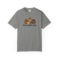 Gray t-shirt with a graphic of two hikers on a map of Montana on a white background