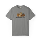 Gray t-shirt with a graphic of two hikers on a map of Montana on a white background