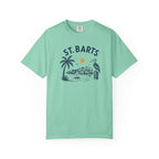 Mint green t-shirt with 'St. Barts' graphic design on a white background