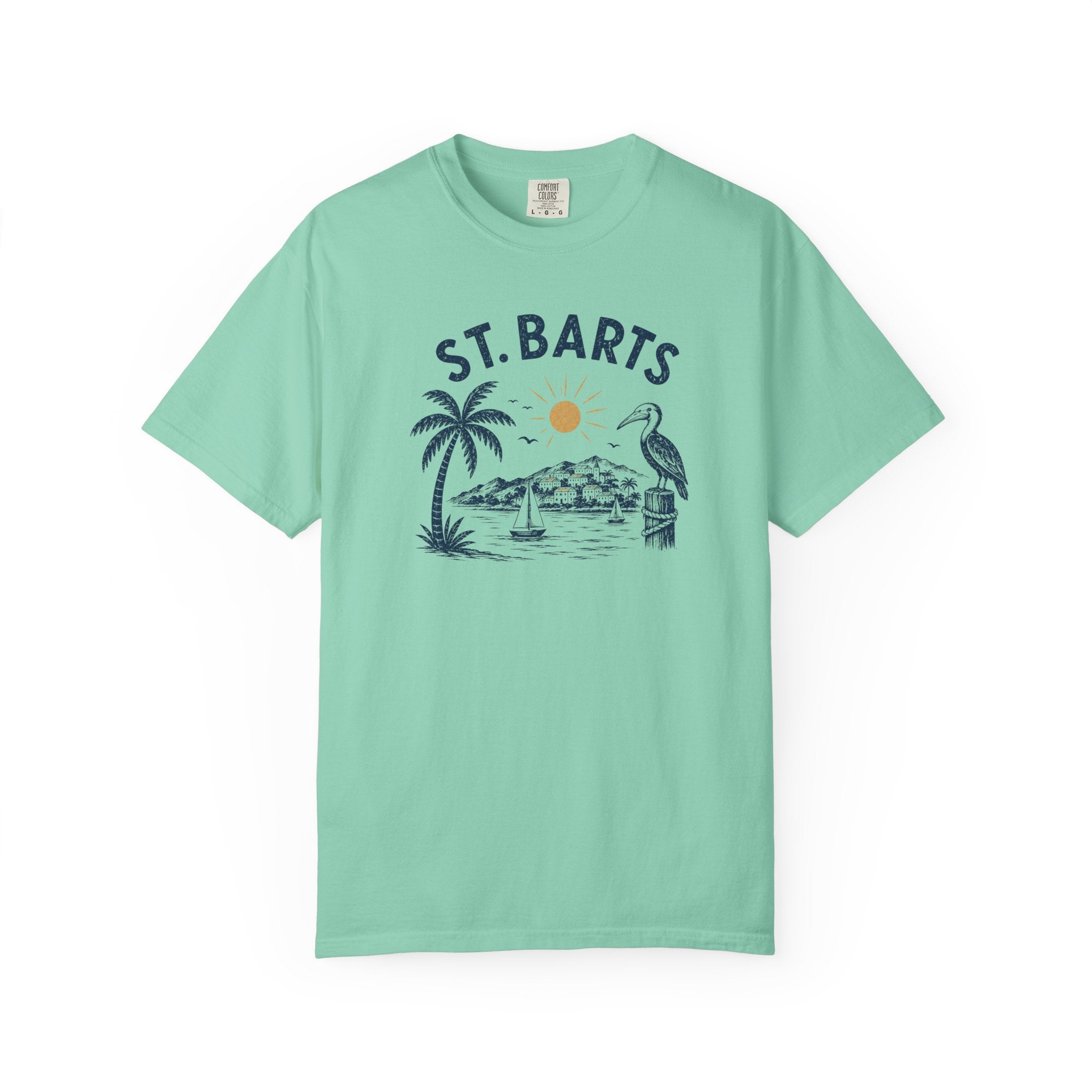 Mint green t-shirt with 'St. Barts' graphic design on a white background