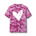 A pink camouflage t-shirt with a large white hand-drawn heart on the front, displayed against a clean white background.
