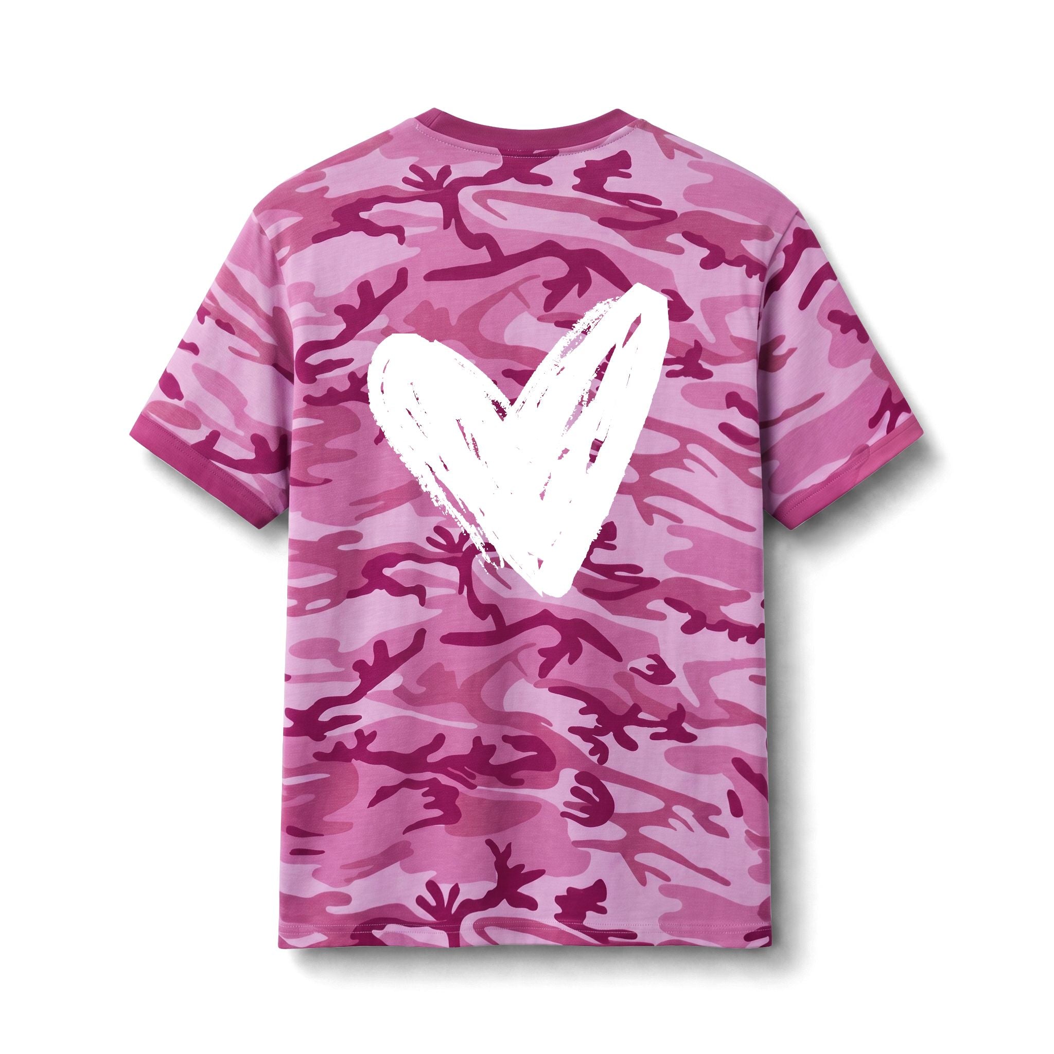 A pink camouflage t-shirt with a large white hand-drawn heart on the front, displayed against a clean white background.