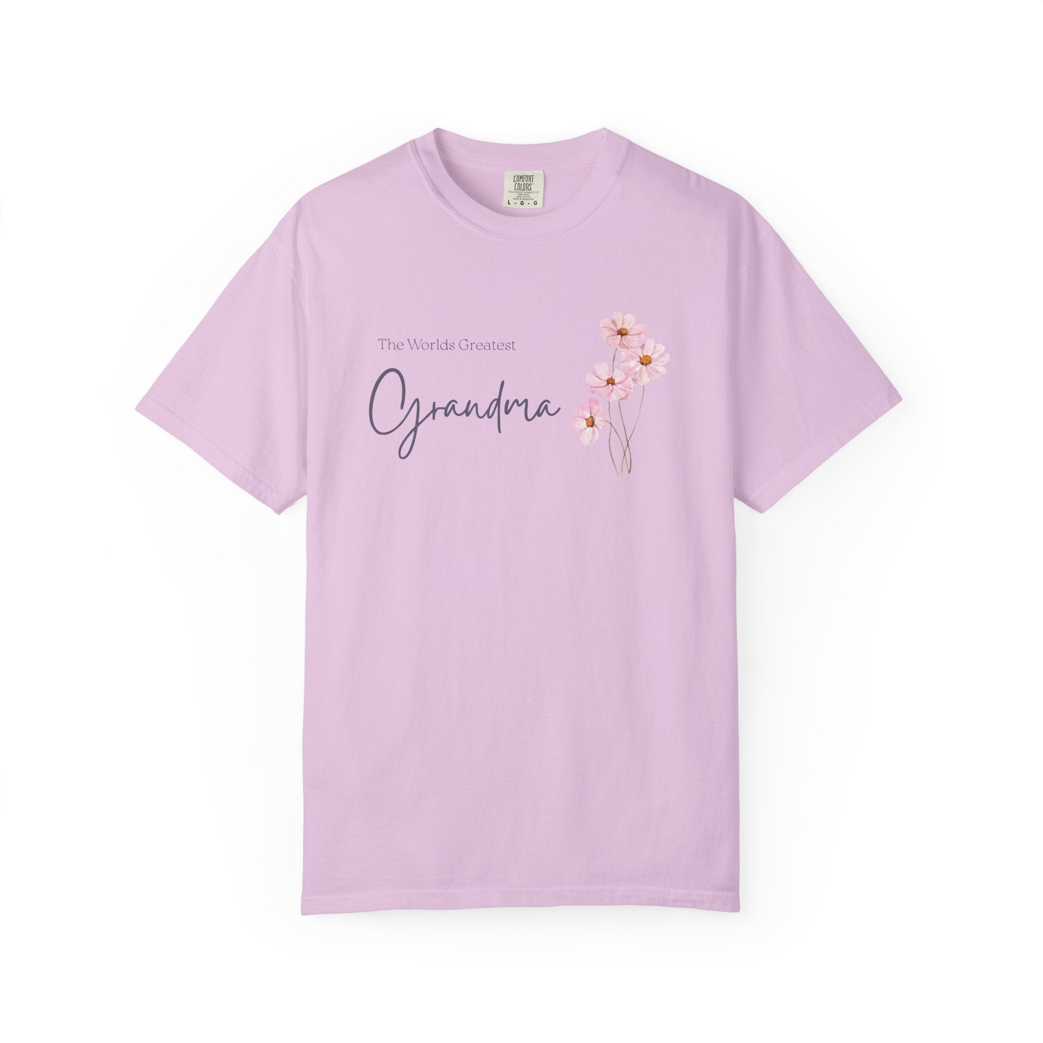Light purple t-shirt with 'The World's Greatest Grandma' text and floral design on a white background
