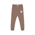 Dark gray sweatpants with a small graphic on a white background