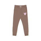 Dark gray sweatpants with a small graphic on a white background