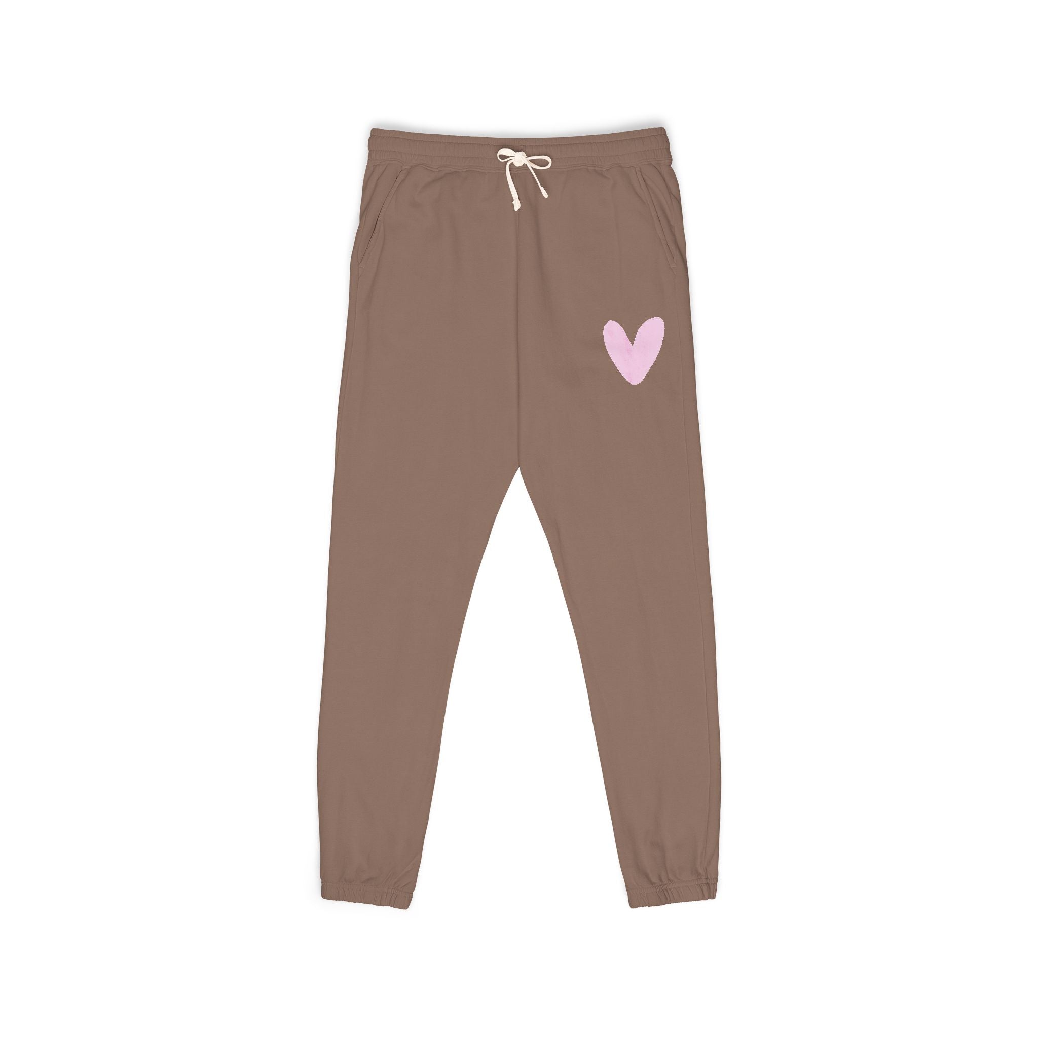 Dark gray sweatpants with a small graphic on a white background