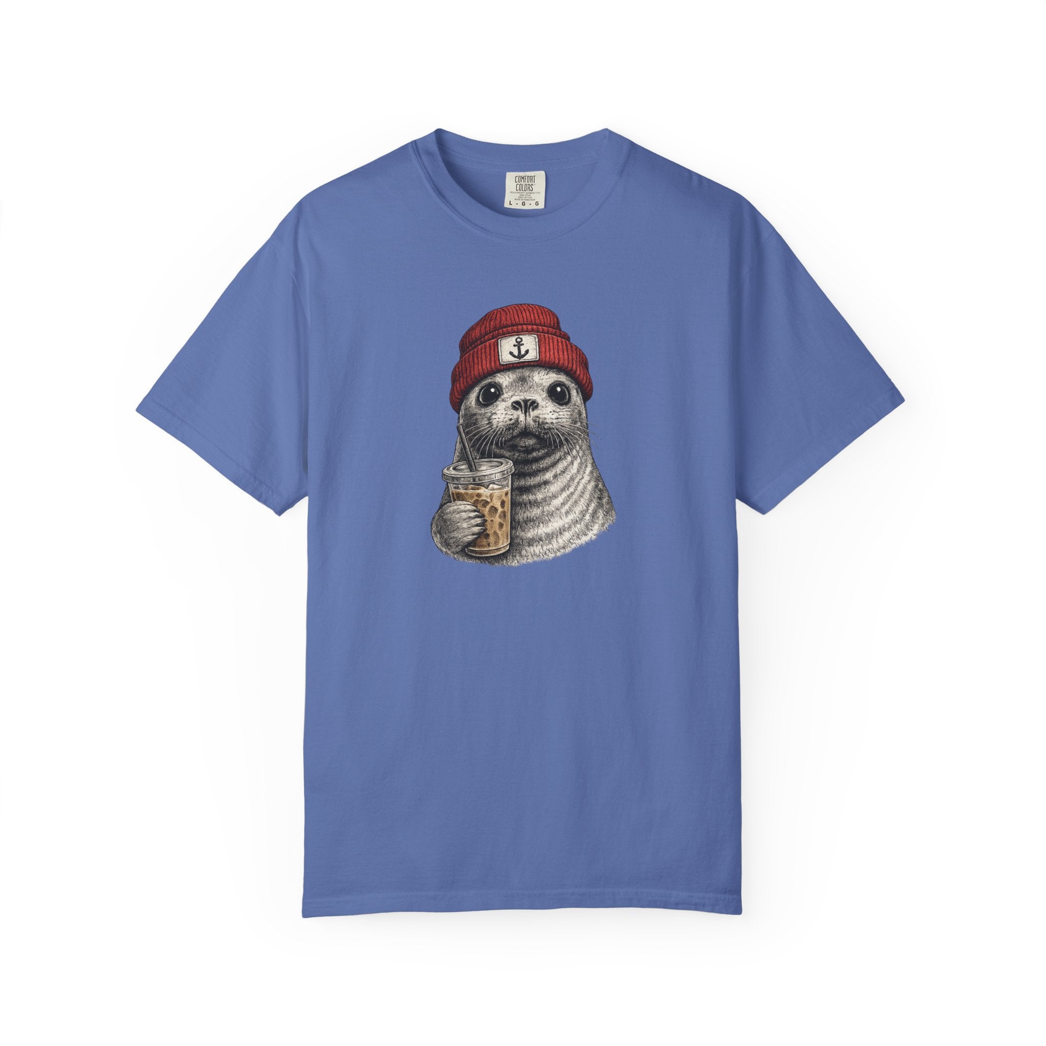 Seal in Beanie with Ice Coffee TShirt — Cute Seal Graphic T-Shirt