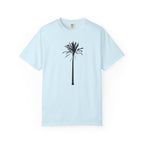 A light blue short-sleeve crewneck t-shirt featuring a black palm tree silhouette printed on the center chest, displayed against a clean white background.