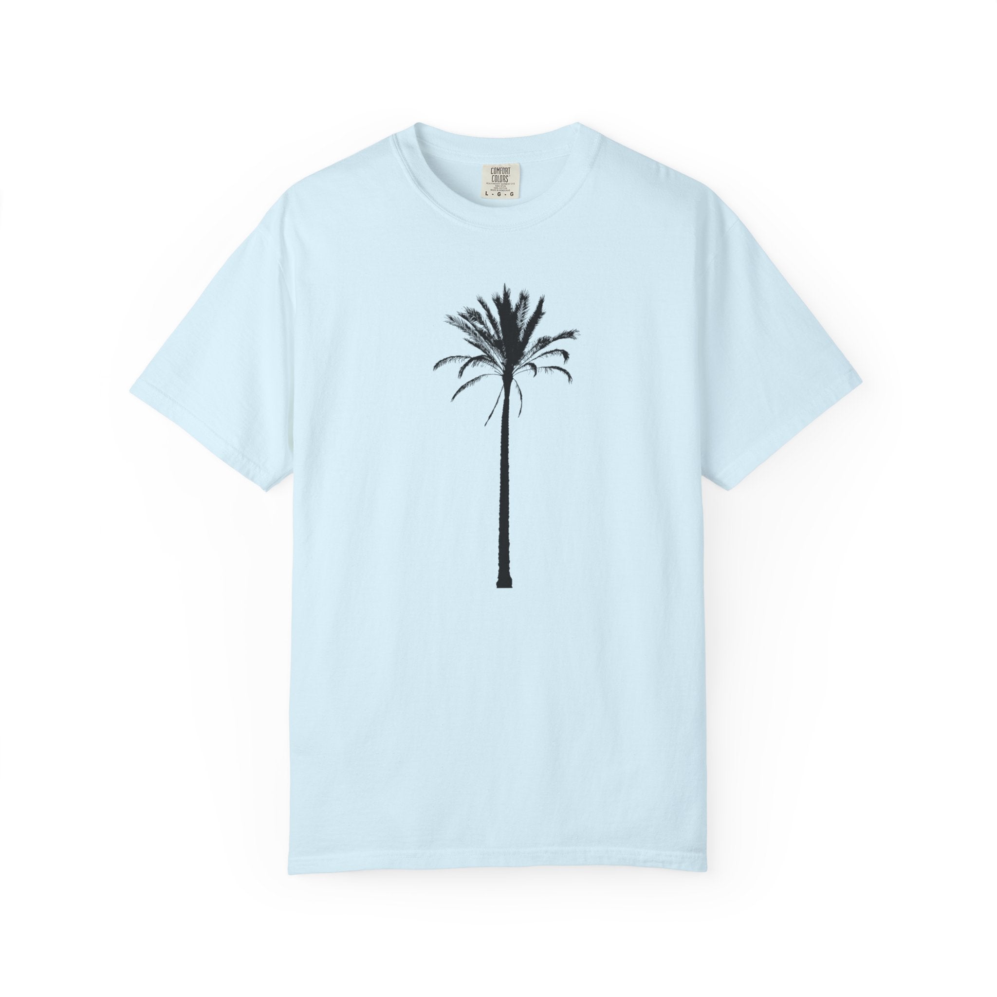 A light blue short-sleeve crewneck t-shirt featuring a black palm tree silhouette printed on the center chest, displayed against a clean white background.