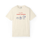 Beige t-shirt with graphic design and text on a white background