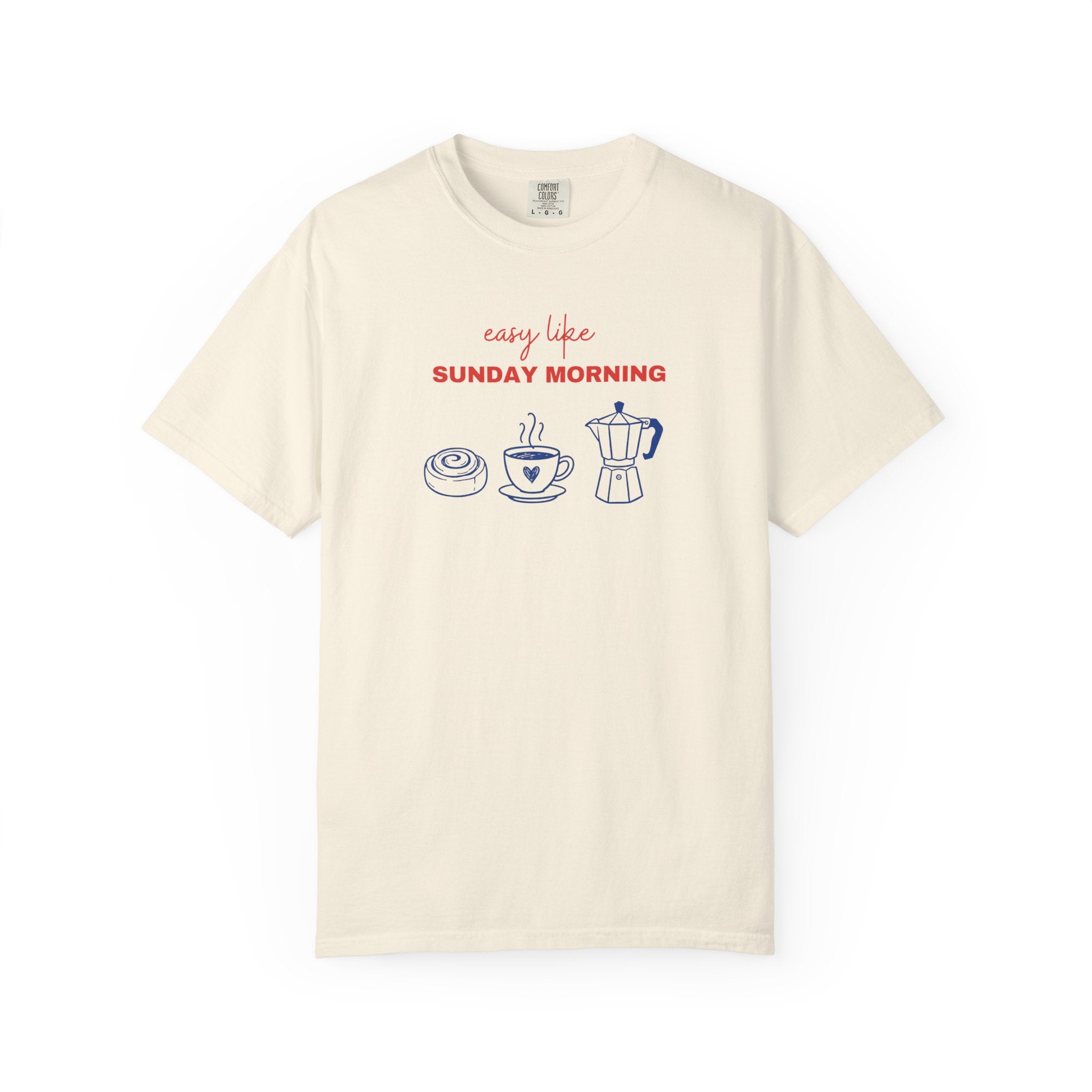 Beige t-shirt with graphic design and text on a white background