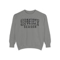 A gray crewneck sweatshirt with 'SPOOKY SEASON' printed across the chest in a distressed black-and-white patterned font, shown on a plain white background.