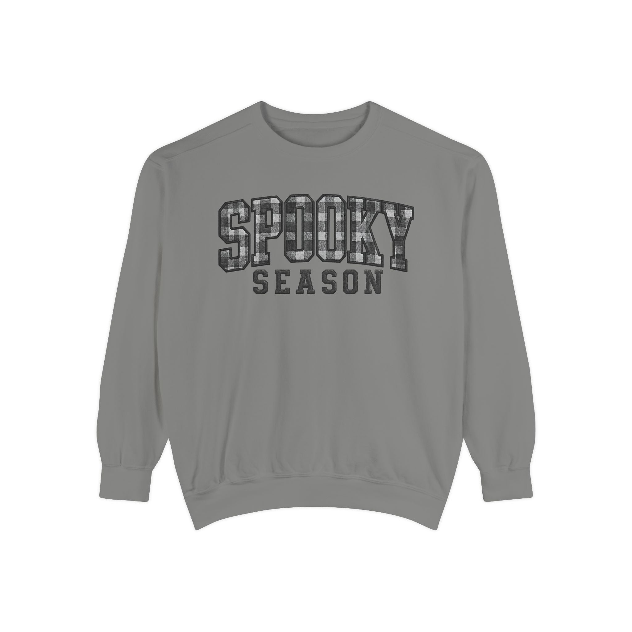 A gray crewneck sweatshirt with 'SPOOKY SEASON' printed across the chest in a distressed black-and-white patterned font, shown on a plain white background.