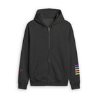 A black zip-up hoodie with a front kangaroo pocket, featuring a small red script logo on the left sleeve and four colorful horizontal stripes (purple, blue, green, yellow) on the right sleeve, shown against a plain white background.